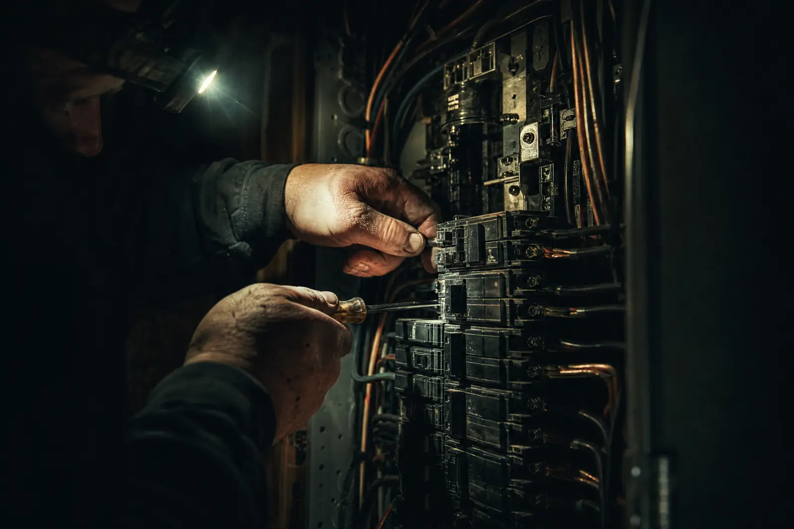 An electrician working inside an open electrical panel by headlamp on a job site.